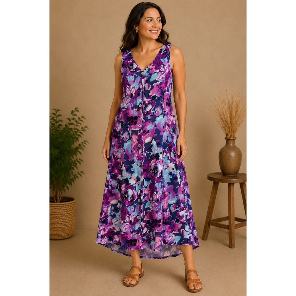 90s Purple Floral Rayon Midi Dress Whimsigoth Cottagecore Button Front M L